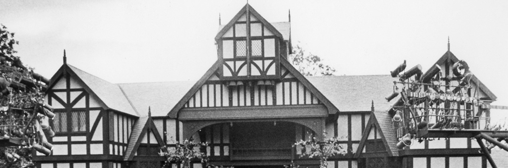 A black and white image of the top of the Elizabethian Theatre.