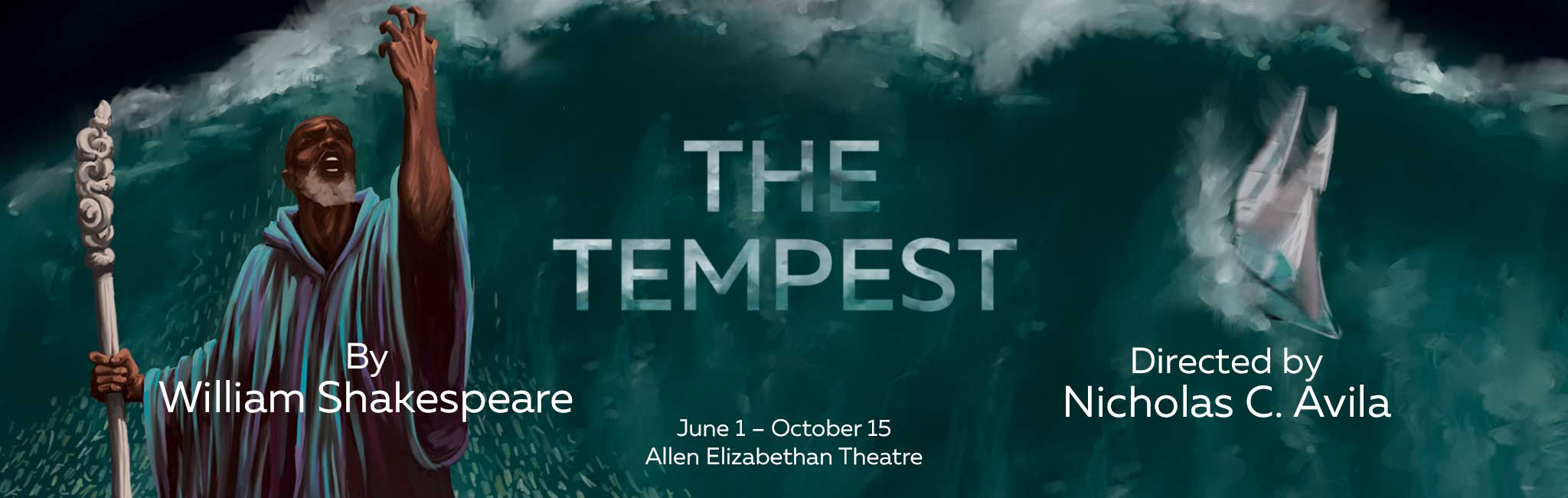 Computer graphic of Prospero standing in front of a large ocean wave.