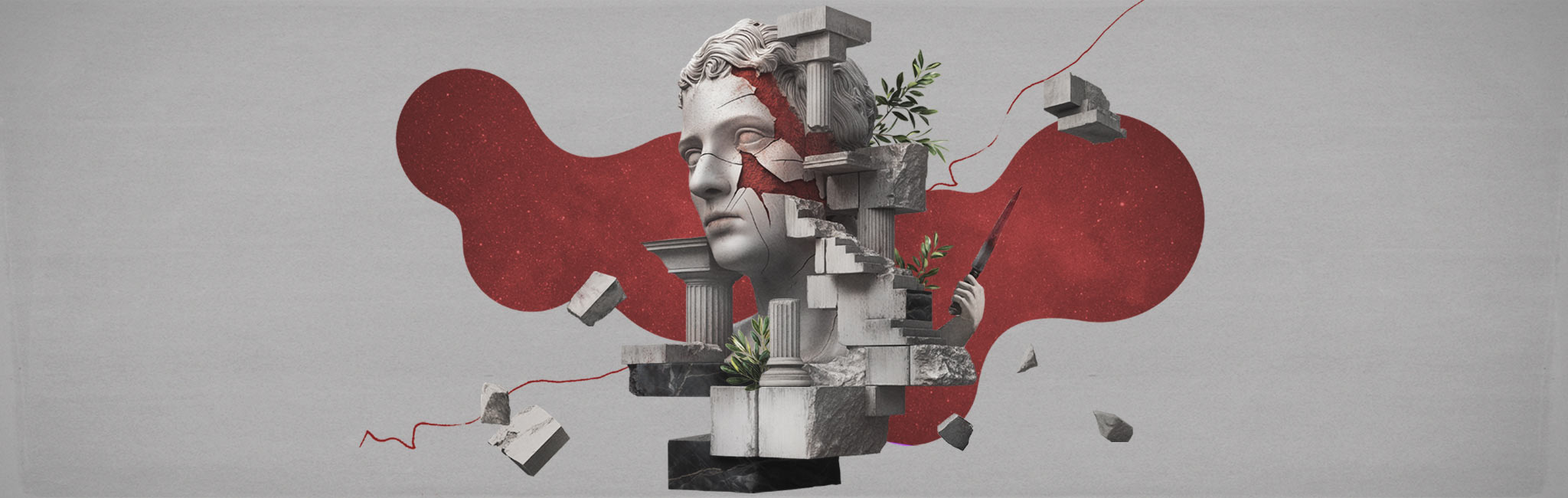 A fragmented marble bust of a classical figure, breaking apart with a red abstract background. The statue is surrounded by columns, plants, and a hand holding a dagger, symbolizing themes of betrayal.