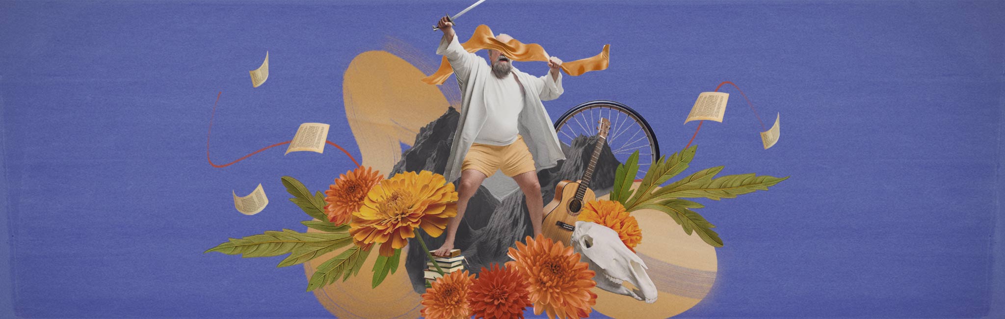 A vibrant scene of a figure holding a sword, surrounded by marigolds, a bicycle wheel, a skull, and books. The backdrop includes scattered pages, reflecting adventure and imagination.