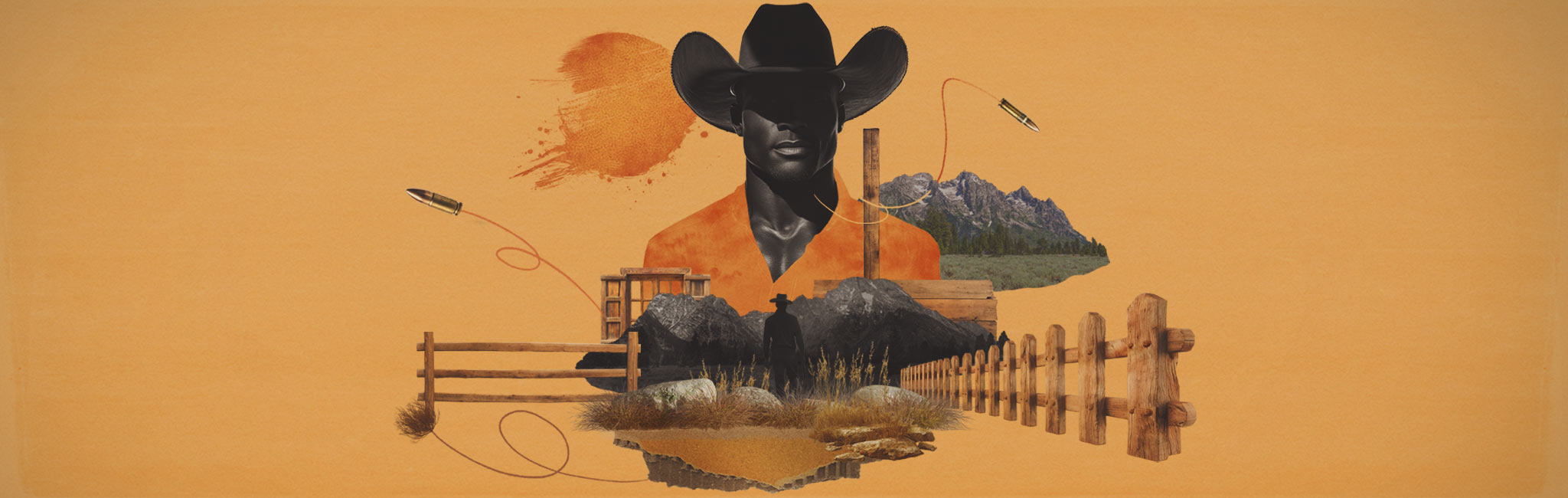 A striking Western-themed collage featuring a figure wearing a cowboy hat, mountains, wooden fences, and bullets. The orange background and rugged landscape evoke themes of the Wild West.