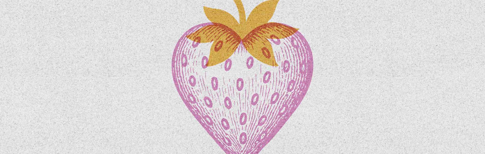 A pink strawberry with a golden leafy top, stylized in a woodcut design.
