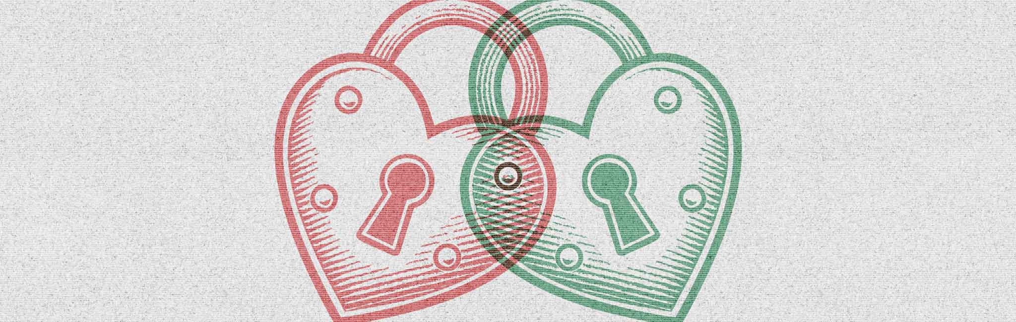 Two interlocked heart-shaped padlocks in red and green, with keyholes at the center.