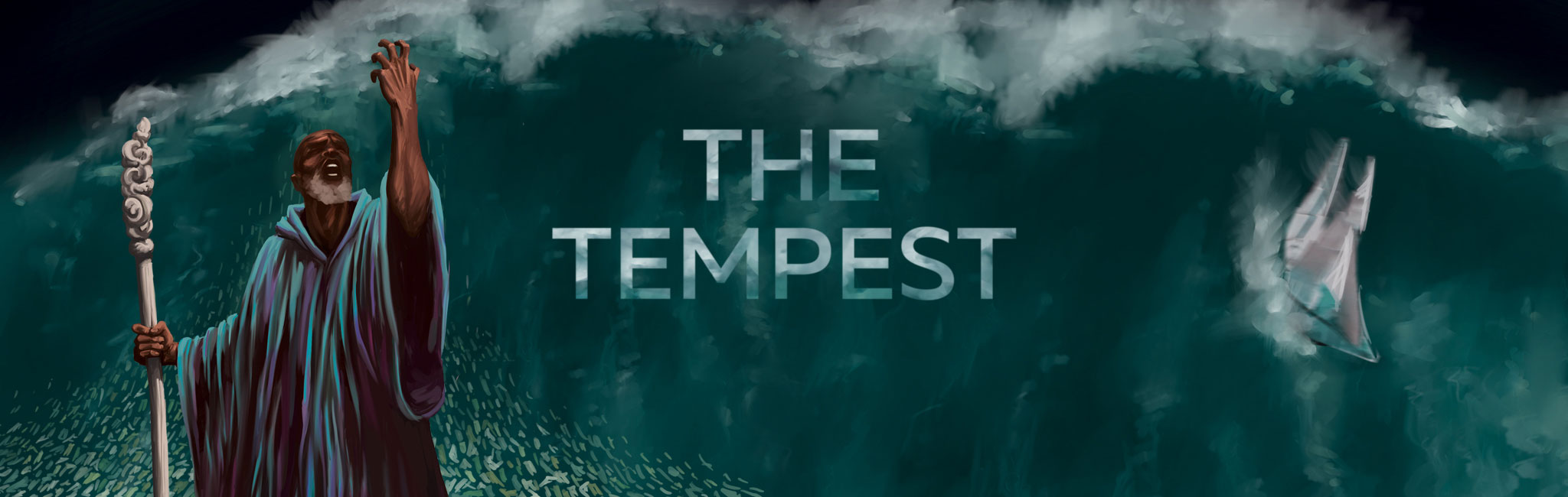 Computer graphic of Prospero standing in front of a large ocean wave.