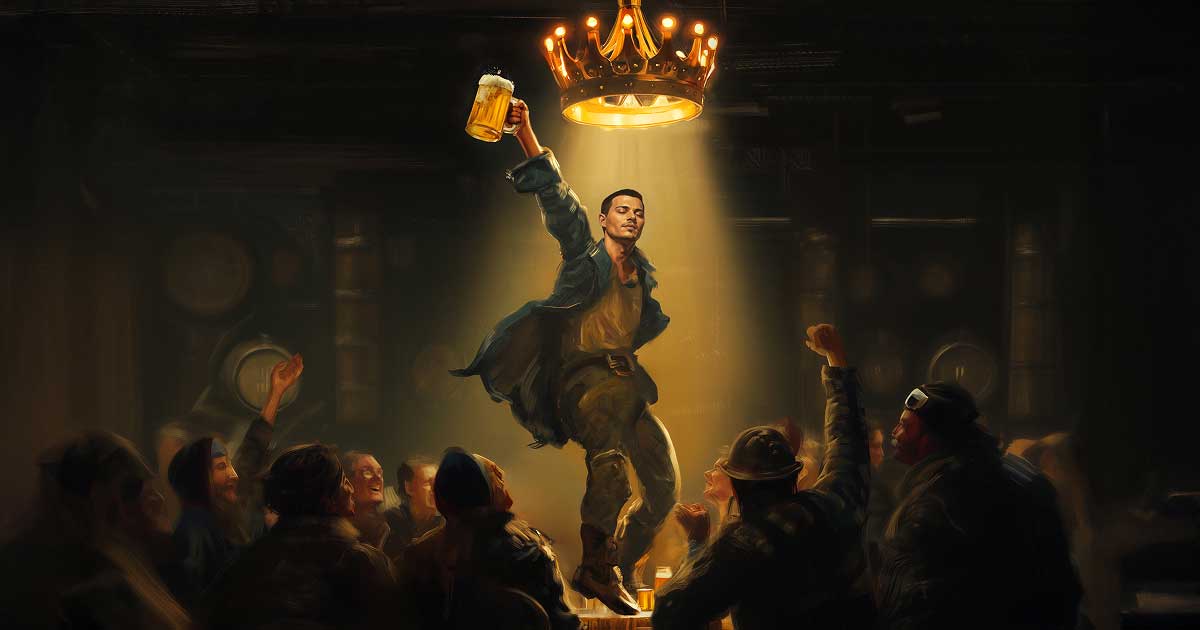 An individual stands on a table holding up a frothy beer mug toward a crown-shaped chandelier, surrounded by a cheering crowd in a dim room.