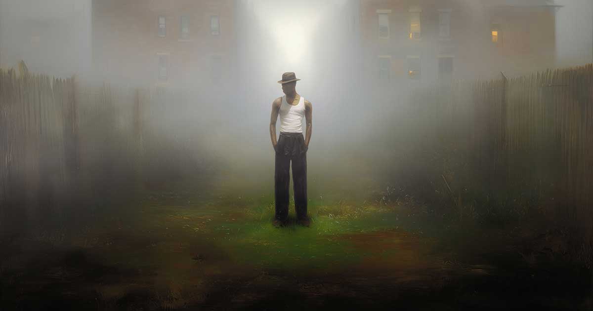 A lone figure in dark pants, white tank top, and a fedora stands between wooden fences in a foggy alley, illuminated by a narrow beam of light.