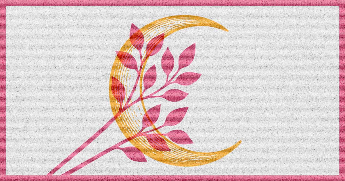 A golden crescent moon intertwined with pink leafy branches.