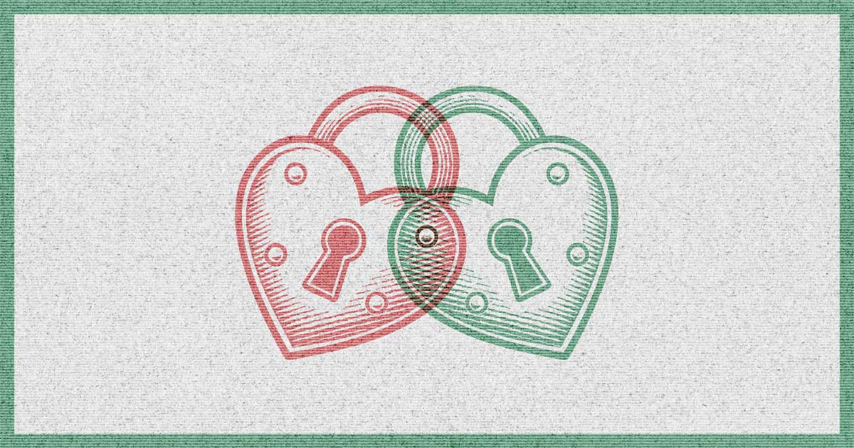 Two interlocked heart-shaped padlocks in red and green, with keyholes at the center.